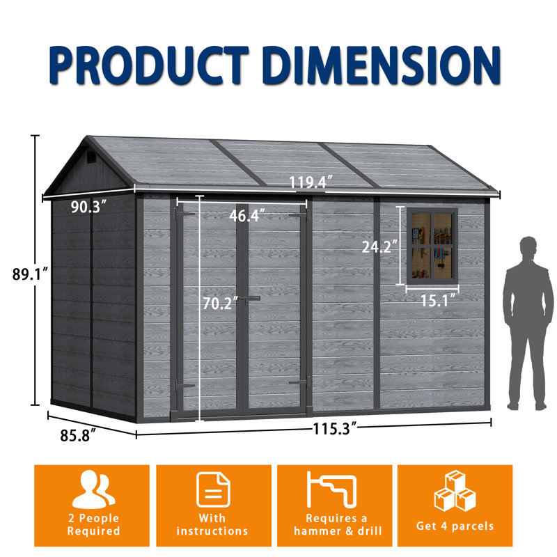 8x10 FT Outdoor Storage Shed with Floor, Weather-Resistant Resin Shed with Double Windows, Lockable Door and Vents, Plastic Outside Tool Storage Sheds for Garden, Backyard, Lawn