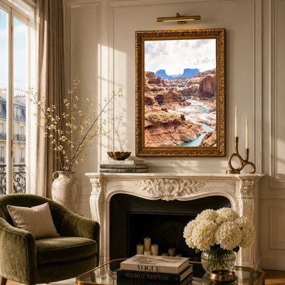 «Red Sandstone Canyon», art mural sur toile avec rivière turquoise et montagnes bleues