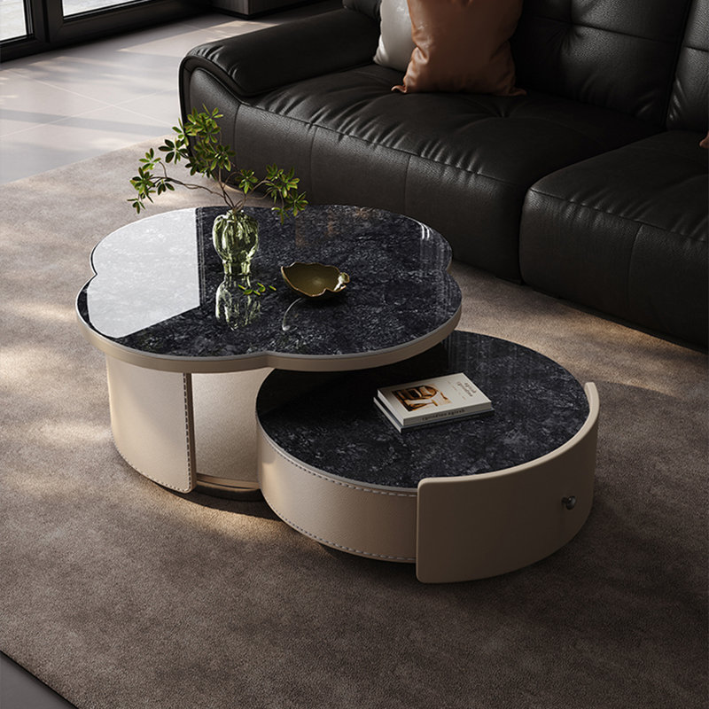 Modern stone slab coffee table set, Black/White