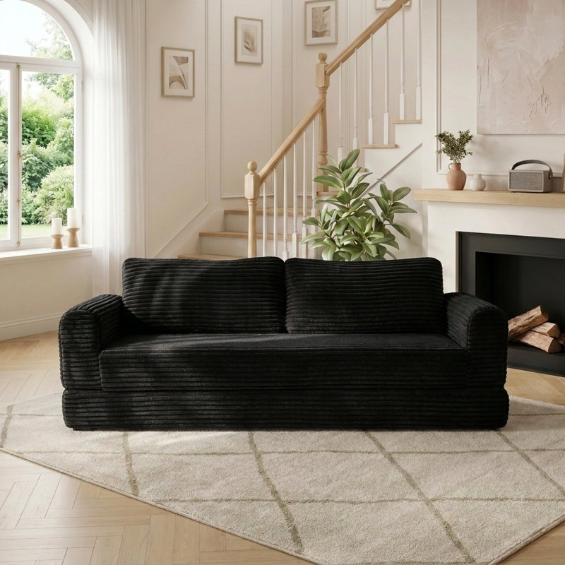 Canapé-lit futon de 76 pouces rétro convertible avec siège à nuage profond et housses lavables, Black