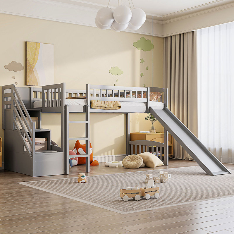 Lit mezzanine simple avec glissière Stairway, Gris