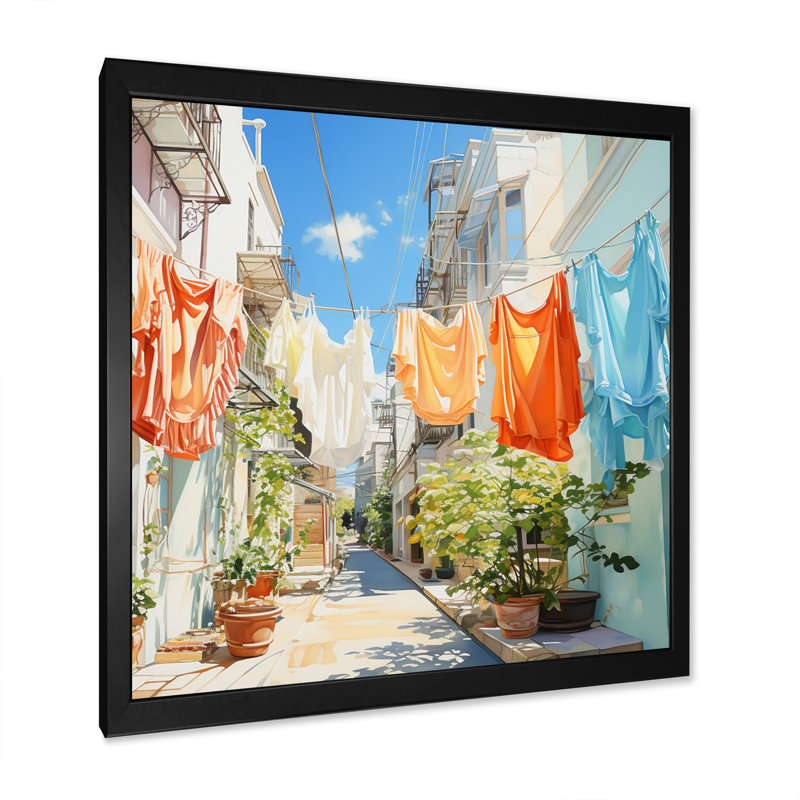 Blanchisserie en Italie V - Art mural, Cadre simple noir, H 16 po x l 16 po x P 1 po