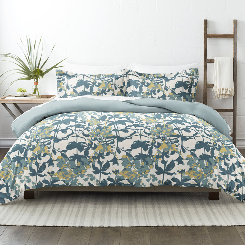 Yellow and Navy Boho Flower Reversible Full/Queen Duvet Cover Set
