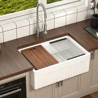 KAMARAG 30 Inch Workstation Farmhouse Kitchen Sink With Single Deep Bowl, Sink Grid, Cutting Board And Dish-Drying Rack White 
