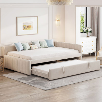 Lit de jour double rembourré en forme de L avec lit gigogne simple, beige, élégant et peu encombrant