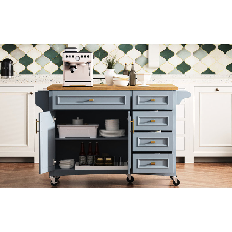 Îlot de cuisine 52 po avec abattant, étagère à épices, serviette 2 portes, 5 tiroirs, tablette réglable, composants en métal, poignées de tiroir bleu gris,