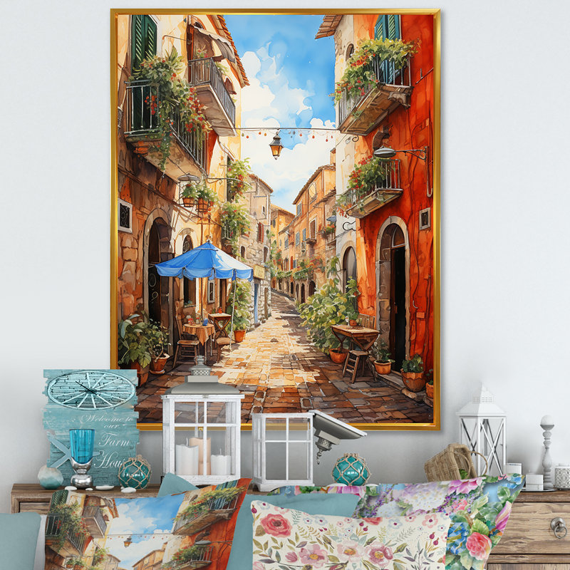 «Italian Village Essence 1», art mural Italie, H 40 po x l 30 po x P 1,5 po, Cadre flottant doré