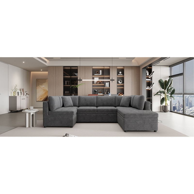 Canapé-lit modulaire surdimensionné en U de 117,3 po avec deux coussins décoratifs pour salon, gris, Gris chenille