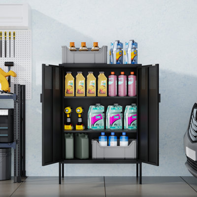 Armoire haute 47 po en acier noir avec tablettes réglables et trous d'aération, rangement en métal pour un usage domestique