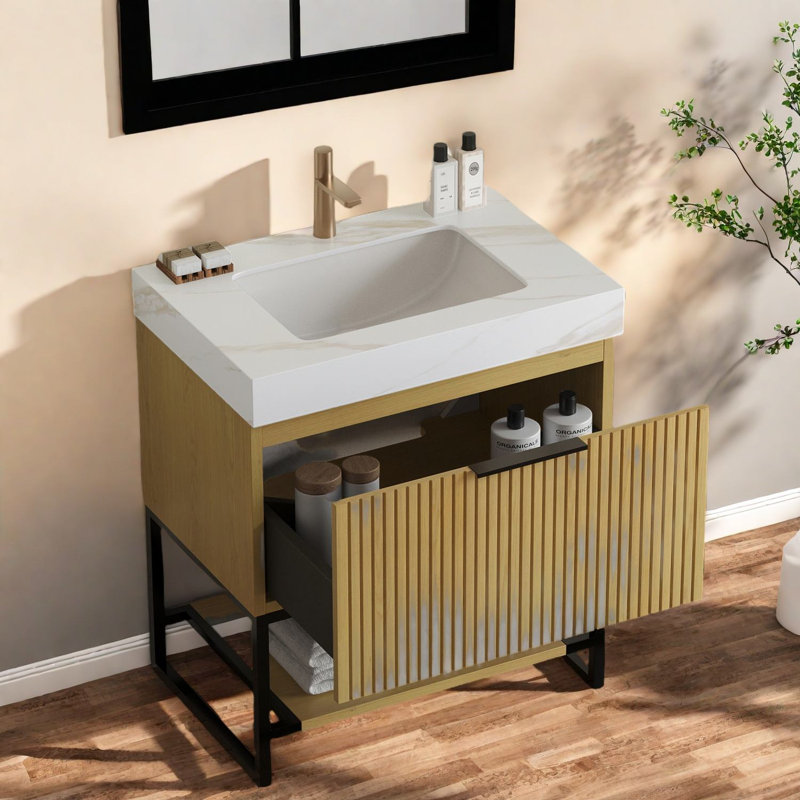 Meuble-lavabo autoportant moderne avec lavabo, grain de bois de chêne durable et plateau en marbre luxueux