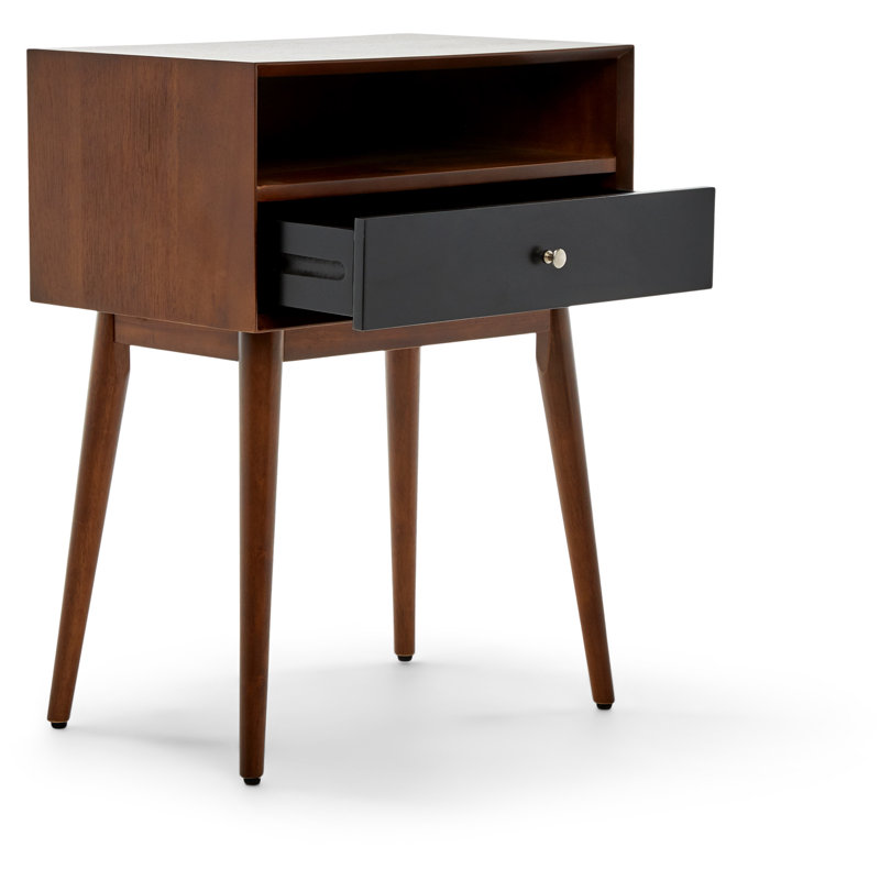Calvin Mid-Century Brown Wood Side Table with Storage Drawer