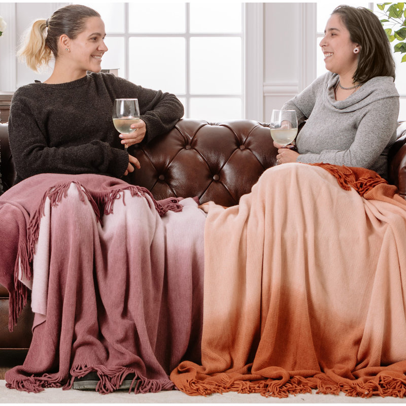 Caramel Gradient Ombre Knitted Faux Fur Throw Blanket with Tassels