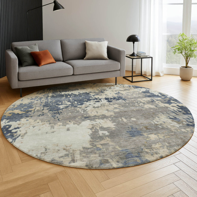 Premium Machine Washable Mayfield AMF2142 abstract Rug, Blue, 8' Round
