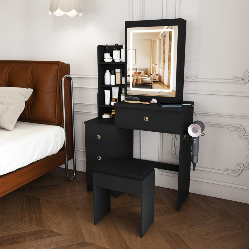 Modern Lighted Vanity Set with 3-Color LED Mirror, Power Outlet & Stool, Black