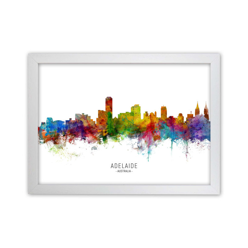 Adelaide Australia Skyline by Michael Tompsett - Print, White Framed, 46cm H x 63cm W x 3cm D