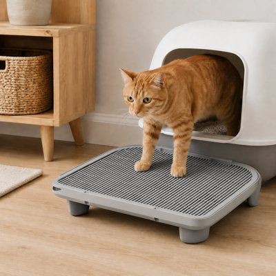 Double Layer Cat Litter Trapping Mat with Adjustable Height – 20.1" x 16" Litter Box Step with 0.24" Grid, Removable Collection Tray & Non-Slip Base, Replaceable Legs for 3.54" or 5.9" Height, Waterproof & Easy to Clean (Grey)