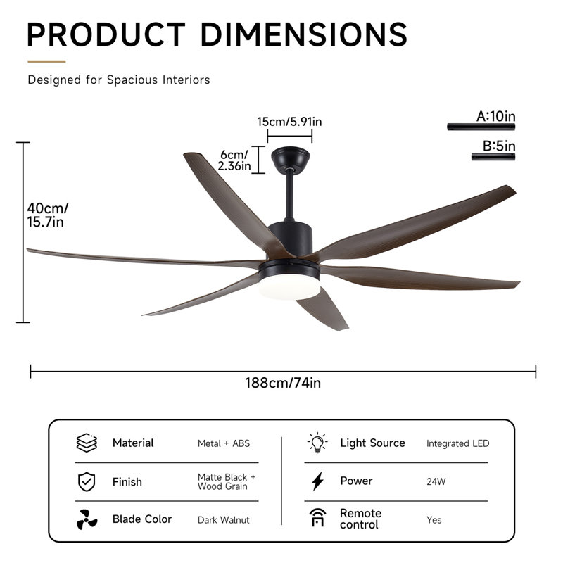 Ventilateur de plafond de 188 cm (74 pouces) à 6 pales imitation bois avec éclairage DEL intégré, moteur silencieux réversible, 6 vitesses et 3 températures de couleur, télécommande, noir mat, idéal pour les grandes pièces.