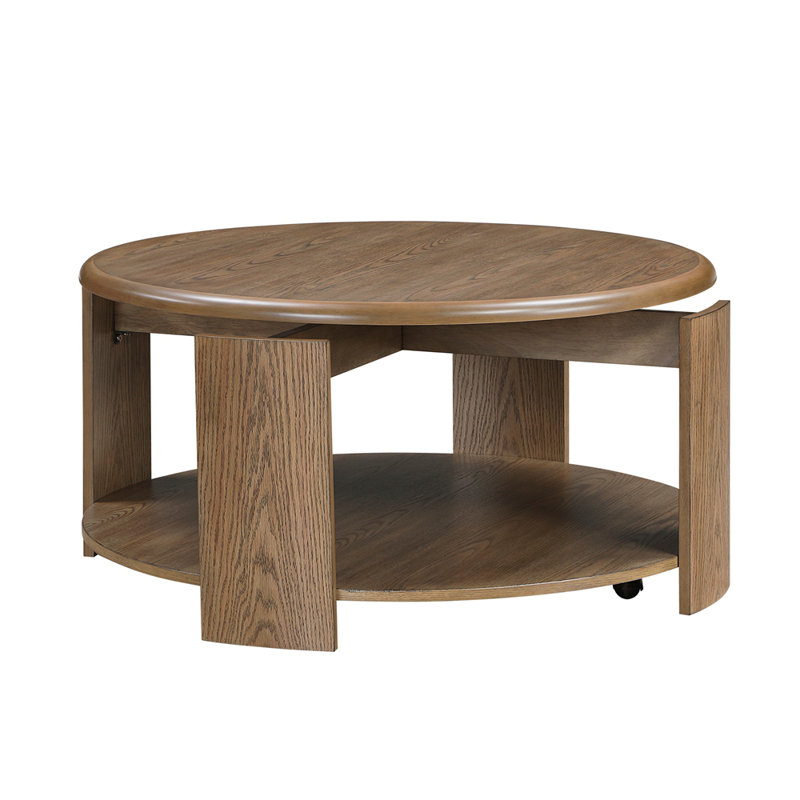 Table basse ronde à finition brune avec plateau pivotant et plateau coulissant ouvert 1 pièce
