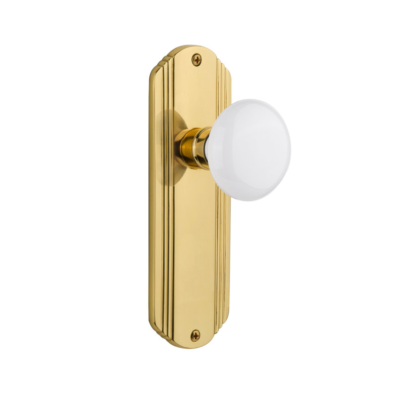 Plaque décorative avec bouton de porte en porcelaine blanche, Laiton poli, 2 3/4 po