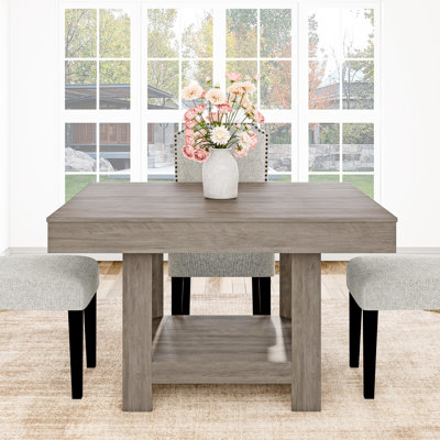 Table de salle à manger carrée peu encombrante pour 4 à 6 personnes - Pieds triangulaires robustes et modernes, étagère de rangement à 2 niveaux, surface en bois imperméable, table de cuisine ou de salle à manger compacte