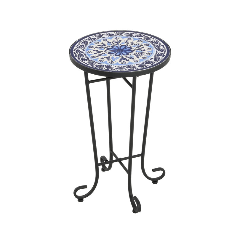 Table d'appoint d'extérieur avec charmante surface en céramique florale - et pluie, cadre noir mat, bleu et noir en bleu durable, cadre