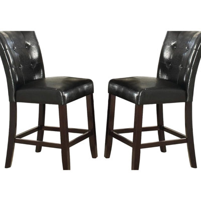 2 Counter Height Dining Chairs, Black Faux Leather Back, Cushion Seat, Wooden Frame, Contemporary Chair Of Modern Design, Tufting, Frame Construction