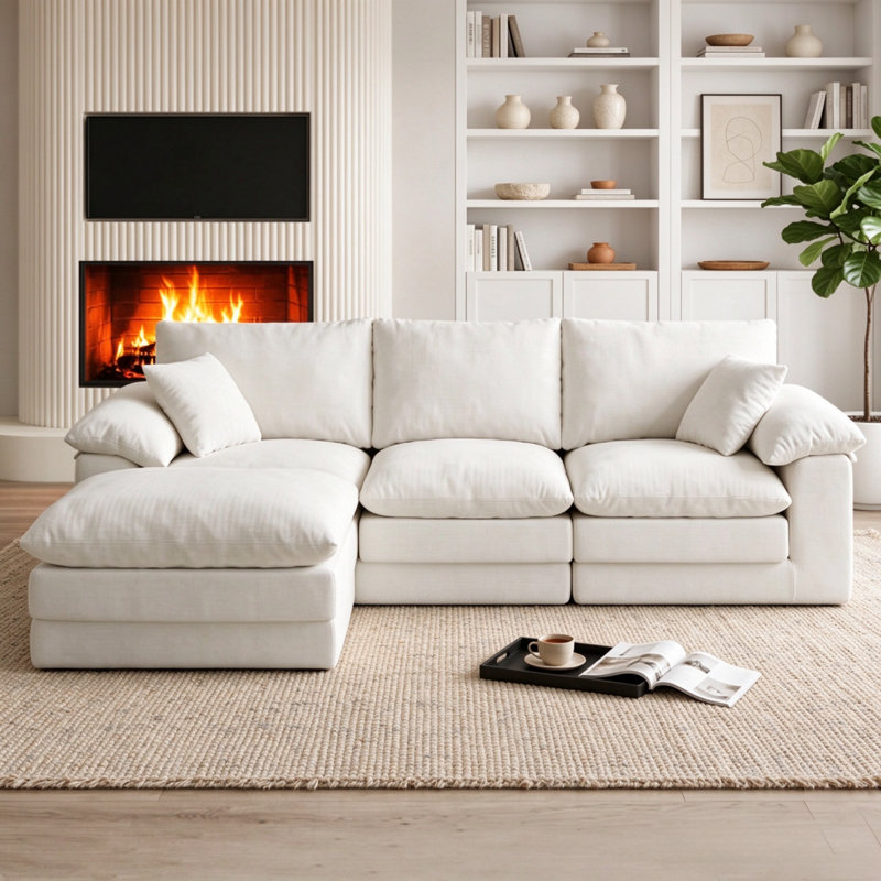 Canapé modulaire en L 104 po avec repose-pieds mobile et assise profonde 104 po Chenille, Beige