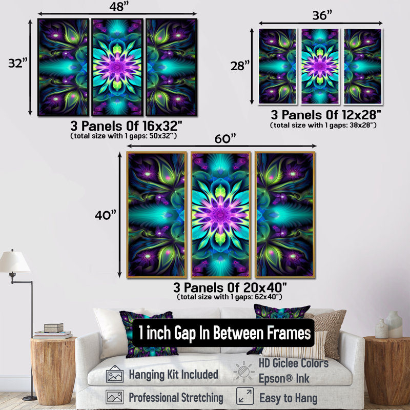 Turquoise néon fractal fleurs II - ensemble de décoration murale mandala boho, H 28 po x l 36 po x P 1 po