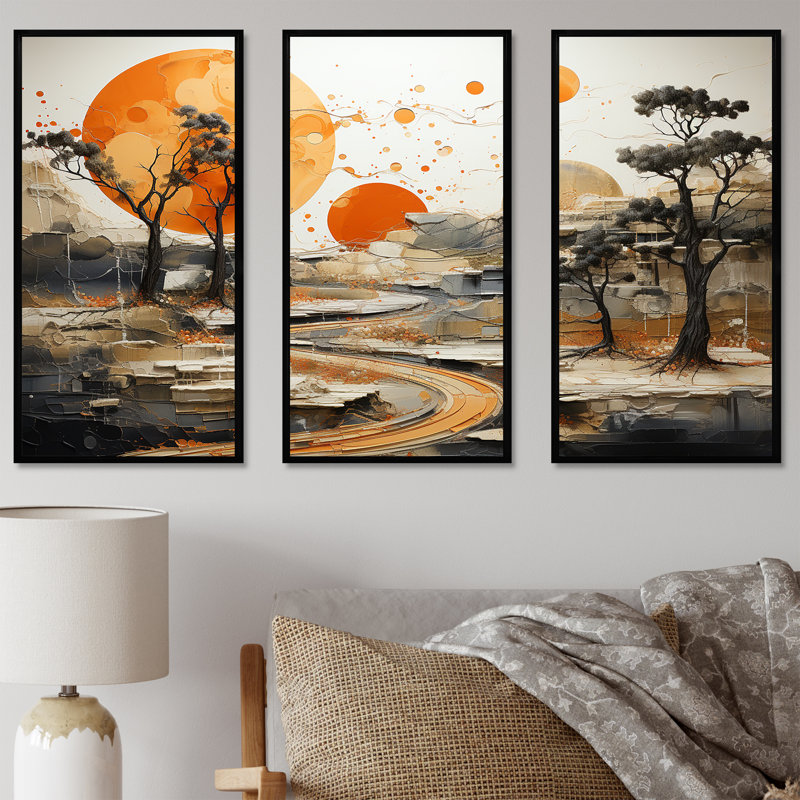 Orange Sunset Abstract Landscape Stream II - Art abstrait paysage mural, Cadre flottant noir, H 40 po x l 61 po x P 1 po