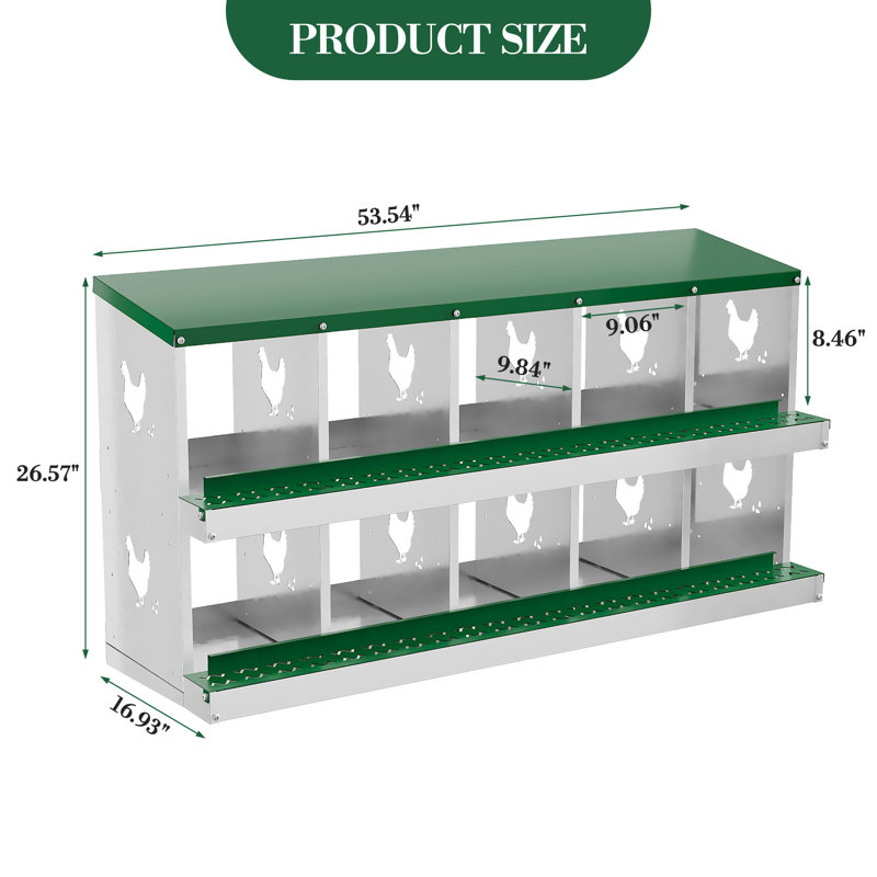‌ Boîte de nidification pour poulets en acier galvanisé avec plateau à œufs sur roulettes - 10 trous, antirouille et boîtes de pondération ventilées pour poules, poules, canards | Accessoires de poulailler faciles à nettoyer, vert