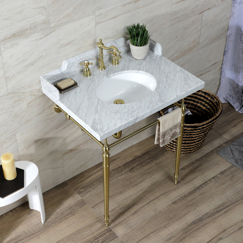 Évier console en laiton Carrara de 30 po avec pieds en laiton Kingston, LMS3022M8SQ6 Kingston, blanc marbre / nickel poli