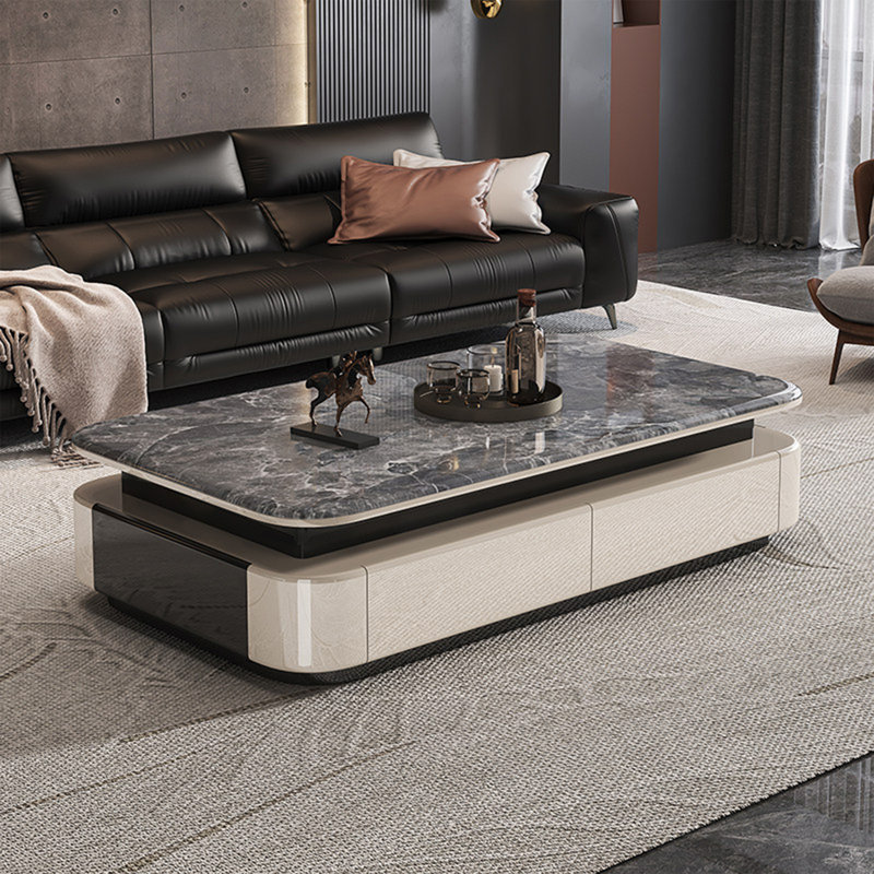 Table basse en pierre micro-cristalline avec rangement, H 16,5 po x L 63 po x l 31,5 po, Noir / blanc