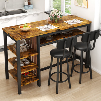 Ensemble table de bar et 2 tabourets de bar, table haute de style industriel avec étagères latérales à 3 niveaux et chaises de bar en similicuir, ensemble table de bar pour petit espace de cuisine