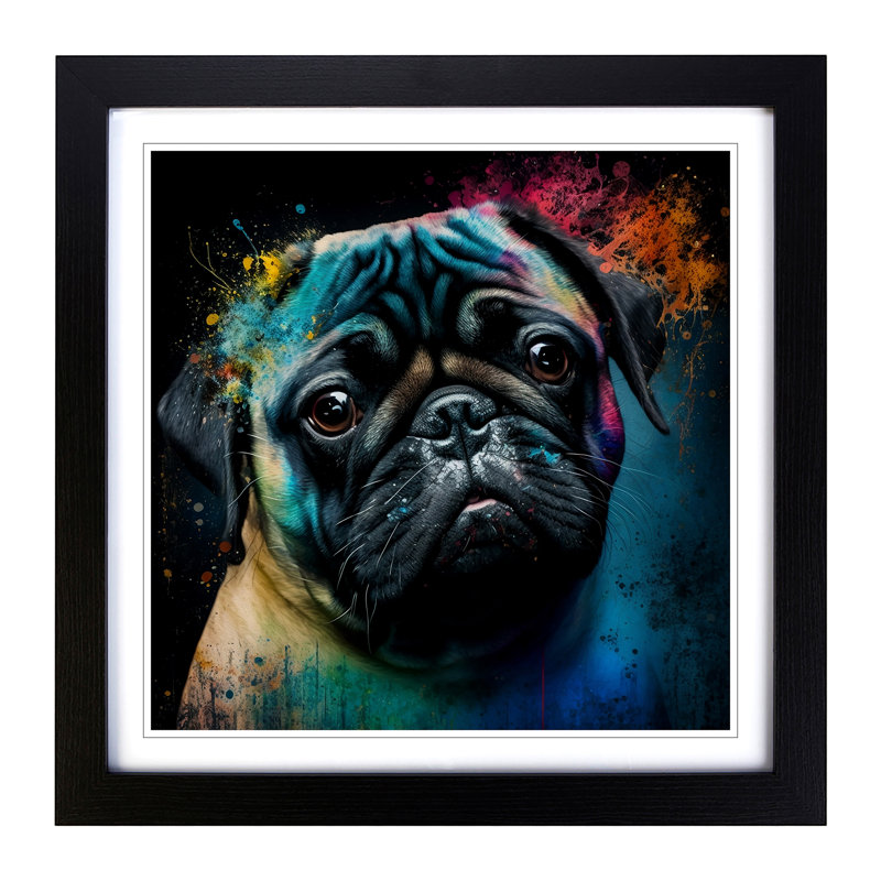 Pug Abstract Expressionism - Single Picture Frame Print on Wood, Black