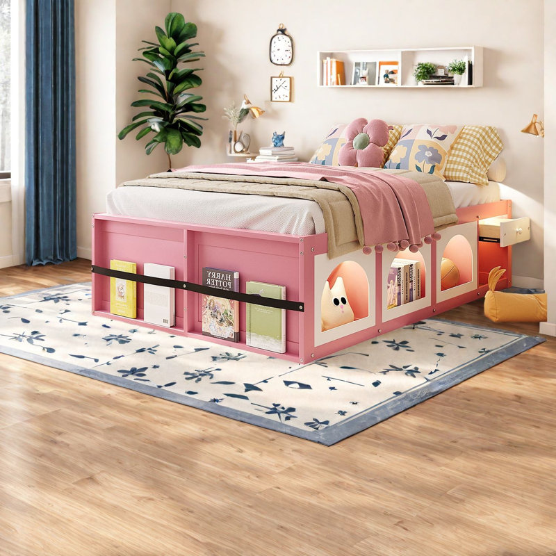 Lits modernes en bois pleine grandeur avec rangement, rose et blanc