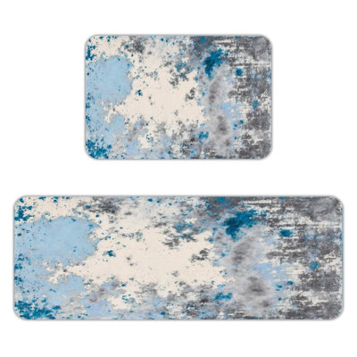 Blue Gray Abstract, 2 Pcs Non Slip Kitchen Mats