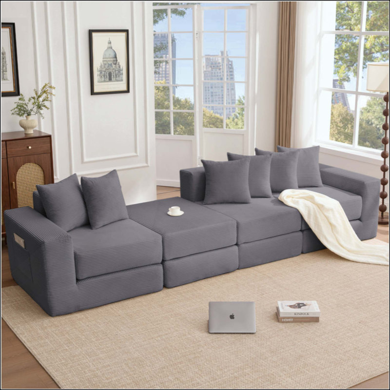 Canapé modulaire convertible 10-en-1, canapé d'angle, canapé-lit convertible au sol, velours côtelé, poche latérale, sans assemblage, bricolage, canapé modulaire en forme de L, 6 coussins