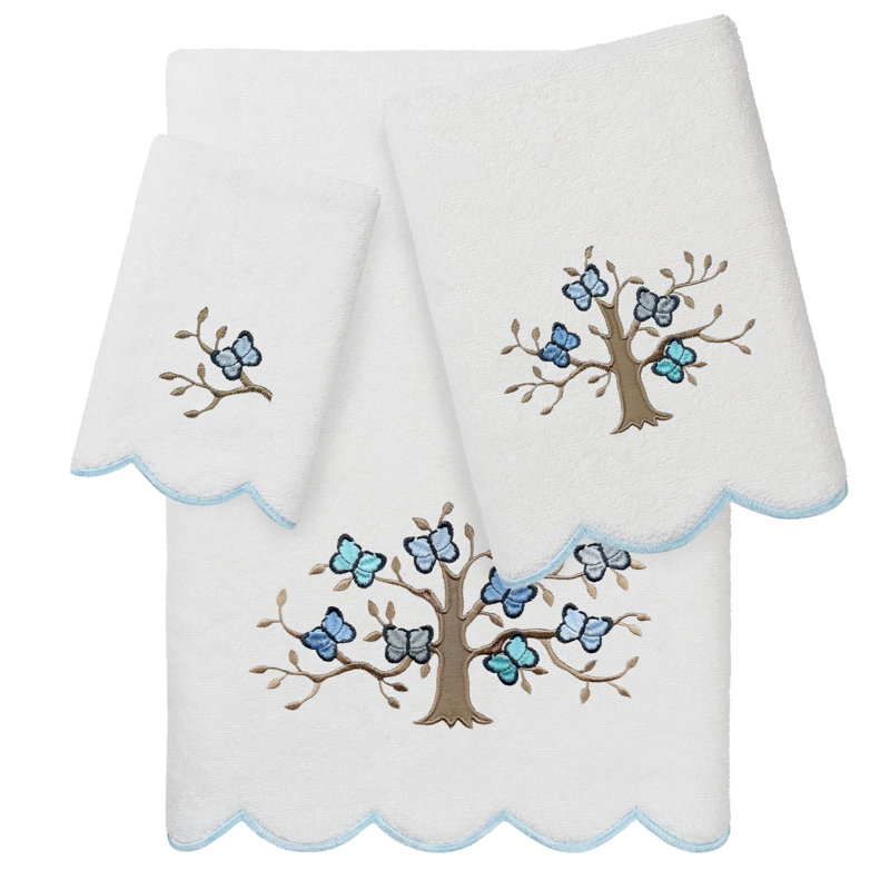  Ensemble de serviettes 100% coton turque 3 pièces, Blanc / Bleu, Ensemble 3 serviettes de bain