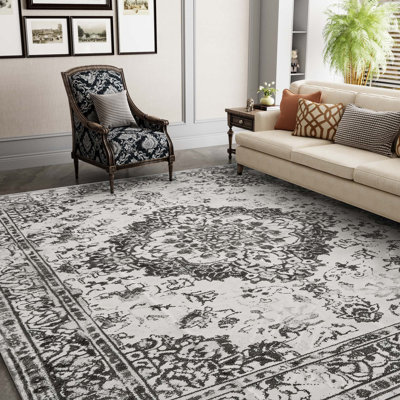 Tapis floral antidérapant lavable à la machine en gris / crème