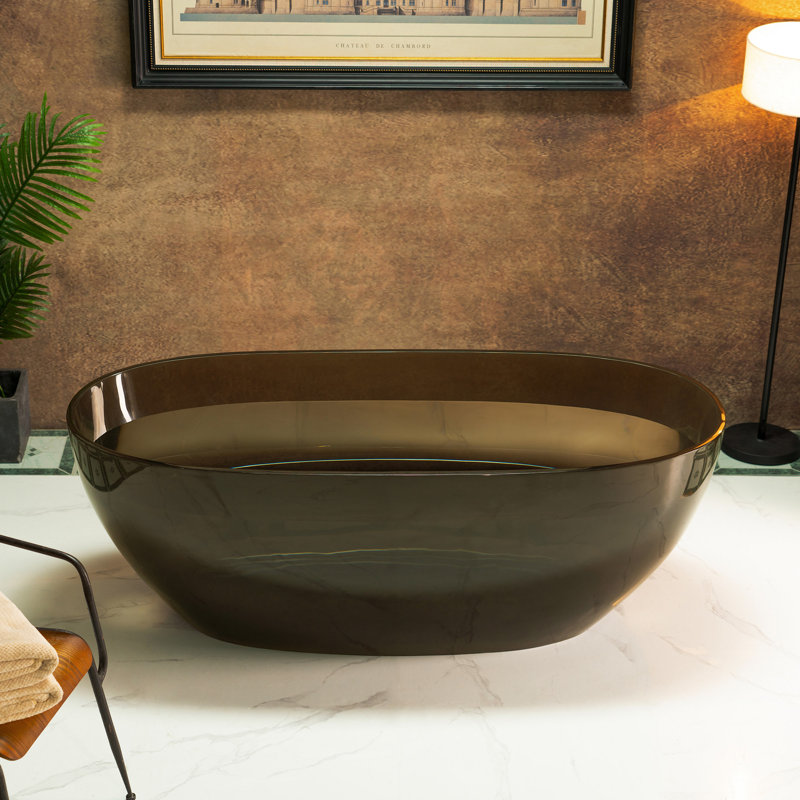  WOODBRIDGE 63" L x 28-3/8" W Luxury Contemporary Solid Surface Stone Resin Freestanding Bathtub, Gray