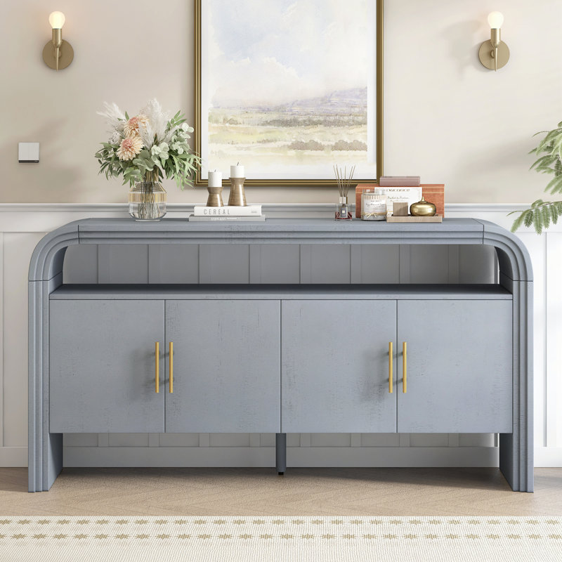 Console élégante à 4 portes avec texture gaufrée naturelle, bord incurvé et poignées en métal, Gris