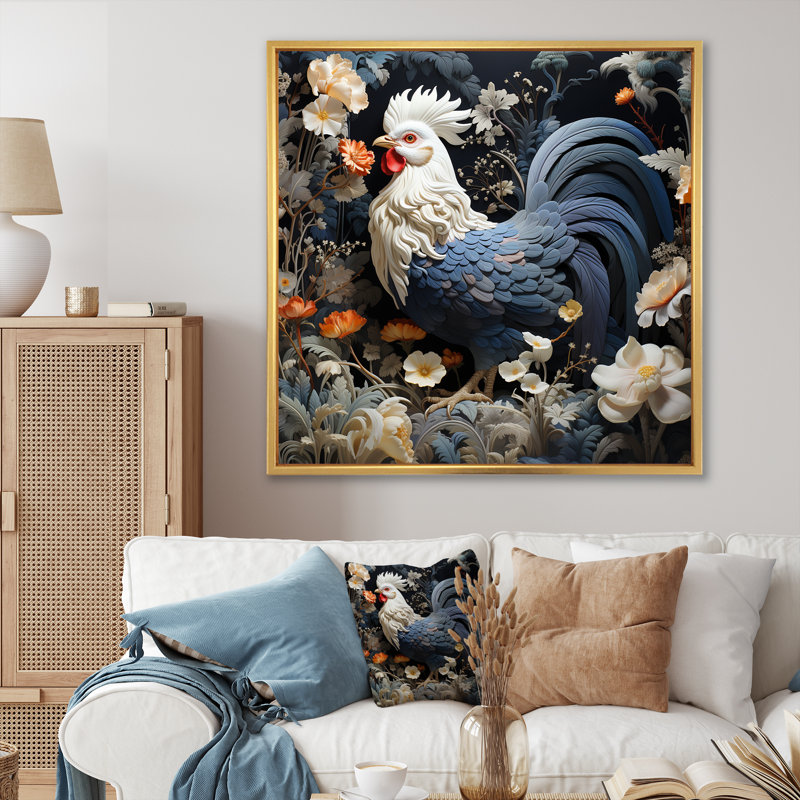Coq dans un jardin de fleurs II, Cadre flottant doré, H 16 po x l 16 po x P 1 po