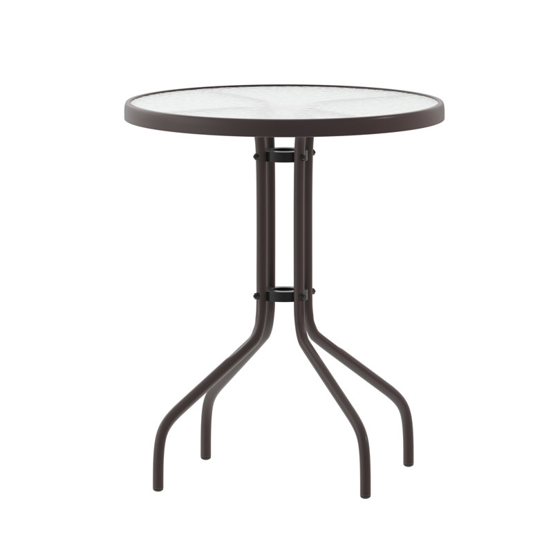 Table ronde en métal en verre trempé de 23,75 po avec plateau à conception ondulée lisse Amlie, Transparent/bronze