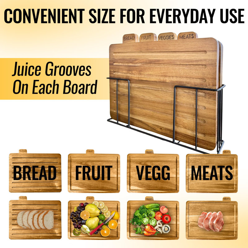 Acacia Wood Rectangular Cutting Board Set with Black Stand