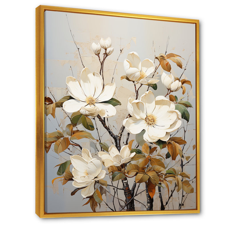 Mélodie douce de magnolia beige sur toile, H 40 po x l 30 po x P 1,5 po, Cadre flottant doré