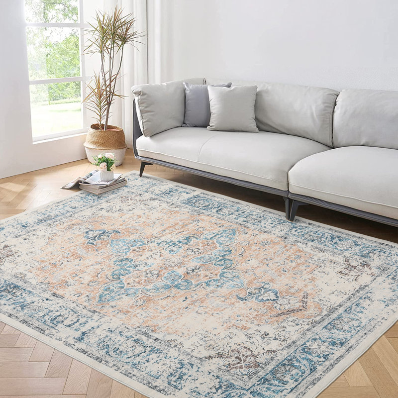 Extra 10x13 Living Room Area Rug Distressed Washable Rug Vintage Floor Carpet Non Slip Backing Foldable Accent Rug for Home Office Light Orange