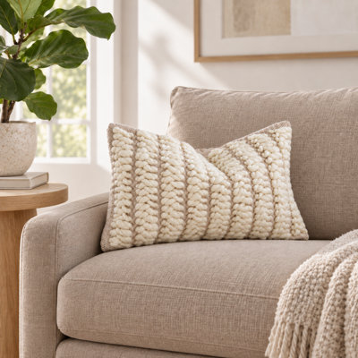 Textured Wool Lumbar Pillow Cover Cream Chunky Woven 12 x 20