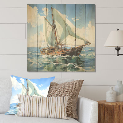Voilier, aquarelle, horizon vert II - Bateau à voile sur bois