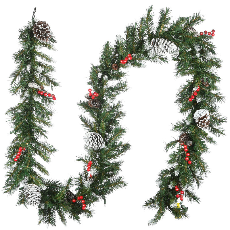 9-Foot Green Artificial Garland with Pine Cones and Red Berries