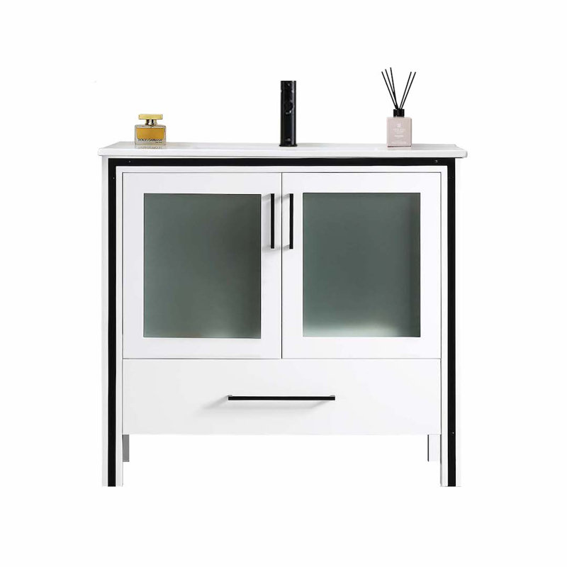 Meuble-lavabo simple 36 po avec lavabo, Blanc lustré